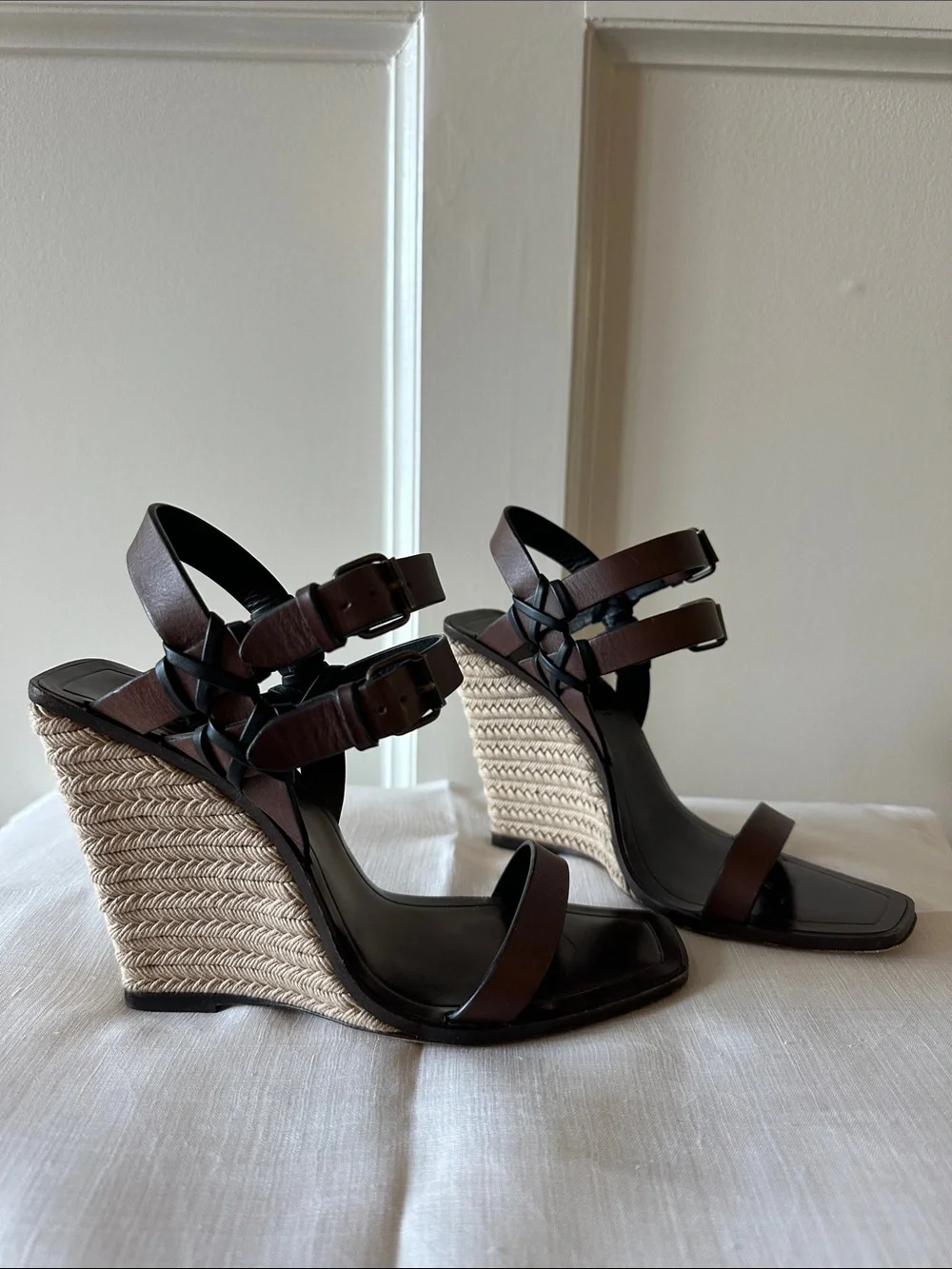 Saint Laurent Brown Leather Wedge Sandals with Espadrille Heel